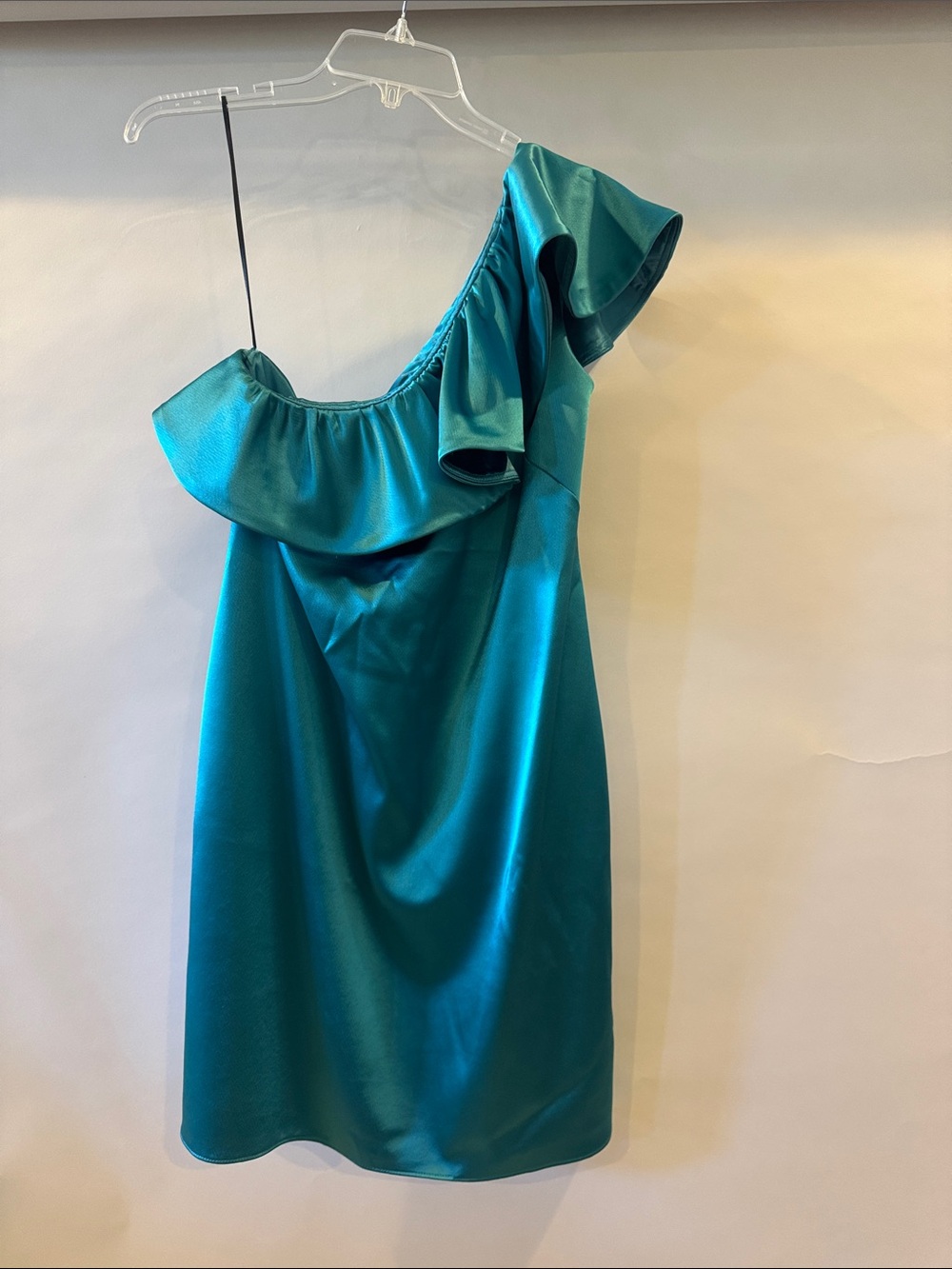 A.B.S. One-Shoulder Teal Satin Ruffle Dress